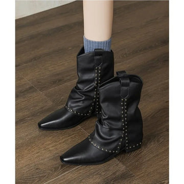 Xajzpa New Style Luxury Women's Cowgirl Boots Fashion Slip on Ladies Elegant Square Heel Long Pipe Boots Shoes Retro Zapatos Mujer
